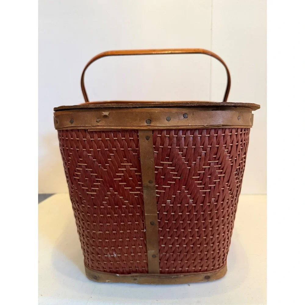 Vintage Redman Woven Picnic Basket Dark Red Wood Lid Double Metal Handles